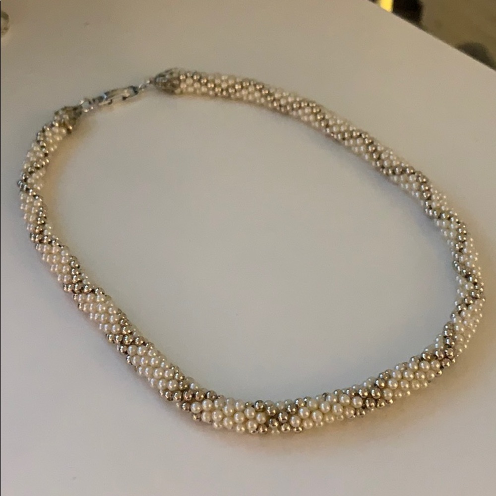 Vintage White and Silver Beaded Necklace - Germany
